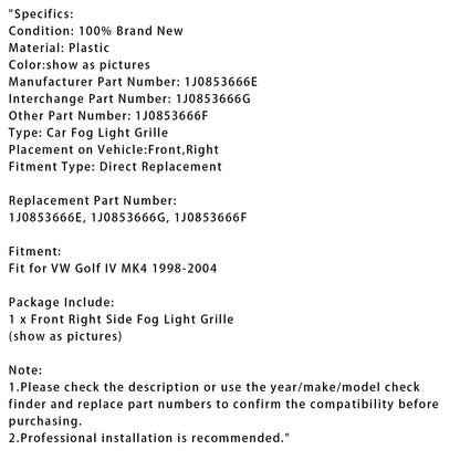 Griglia paraurti anteriore destro VW Golf IV MK4 1998-2004, griglia fendinebbia 1J0853666E 1J0853666G