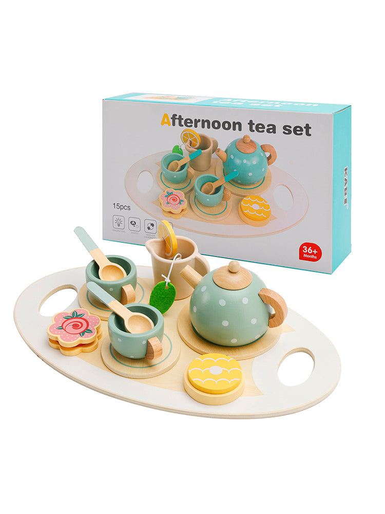 15 pezzi set da tè in legno da cucina occidentale, piatti da cucina giocattolo/set da tè per bambini