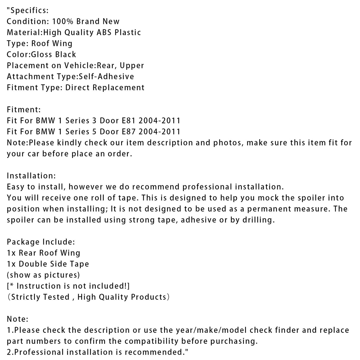 Spoiler posteriore per tetto e ala del bagagliaio, colore nero lucido, per BMW Serie 1 E81 E87 2004-2011