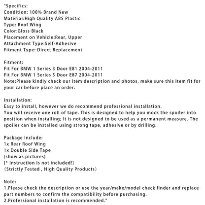 Spoiler posteriore per tetto e ala del bagagliaio, colore nero lucido, per BMW Serie 1 E81 E87 2004-2011