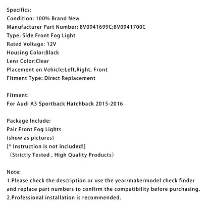 Coppia di fari fendinebbia anteriori con lampadine per Audi A3 Sportback 2015-2016 8V0941700C