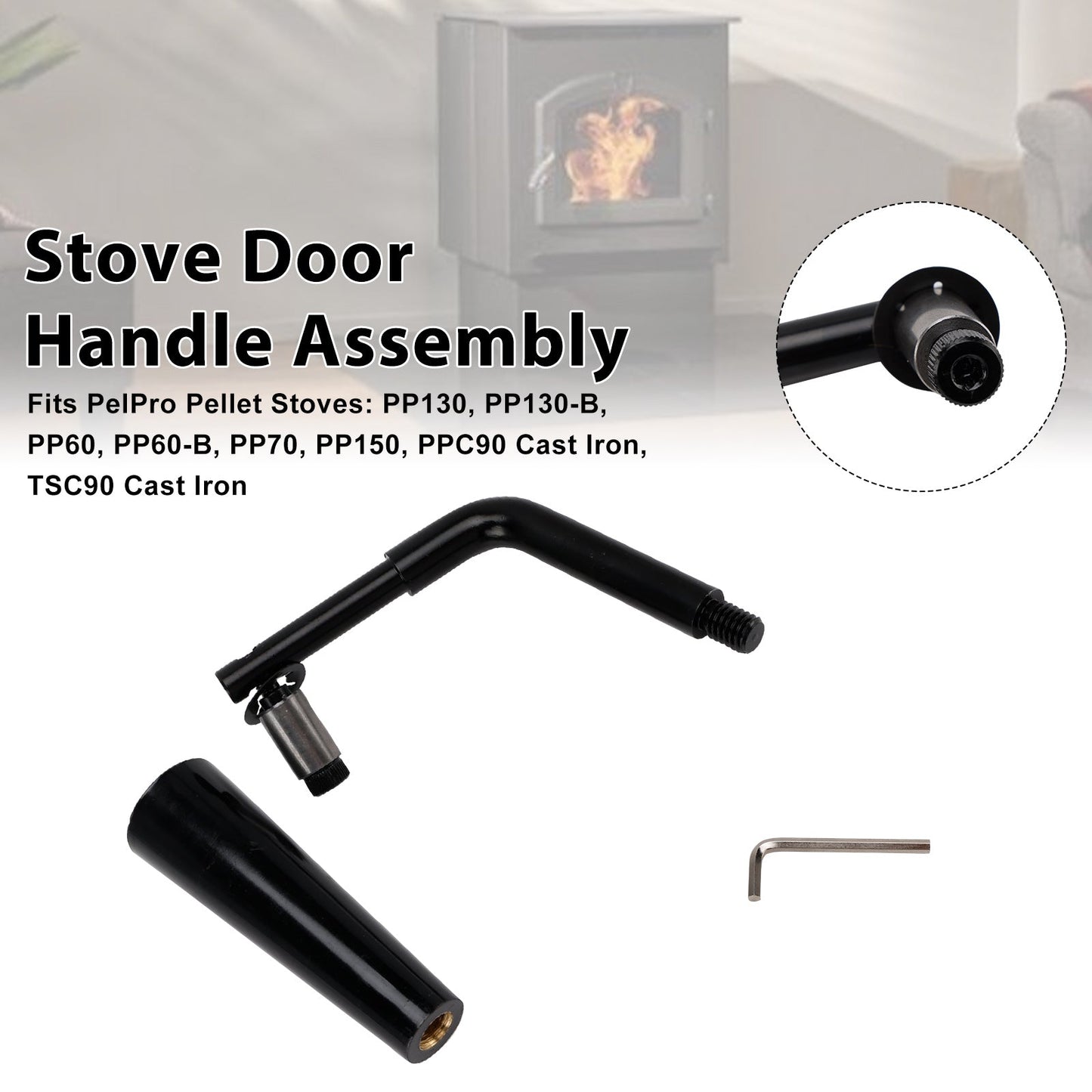Gruppo maniglia porta filettata Quadra-Fire Stoves Outfitter-I/II per stufe PelPro PP60 PP70 PP130 PP150 PPC90 TSC90 Stufe Pleasant Hearth PH35PS PH50CABPS PH50PS # SRV7093-024D
