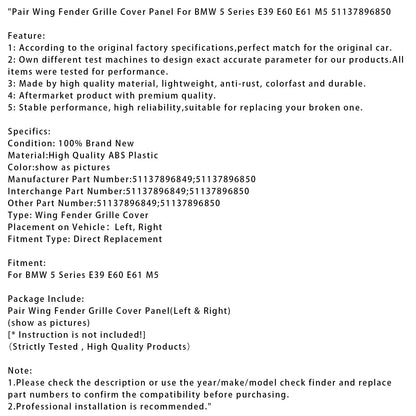 Coppia di pannelli di copertura della griglia del parafango per BMW Serie 5 E39 E60 E61 M5 51137896850