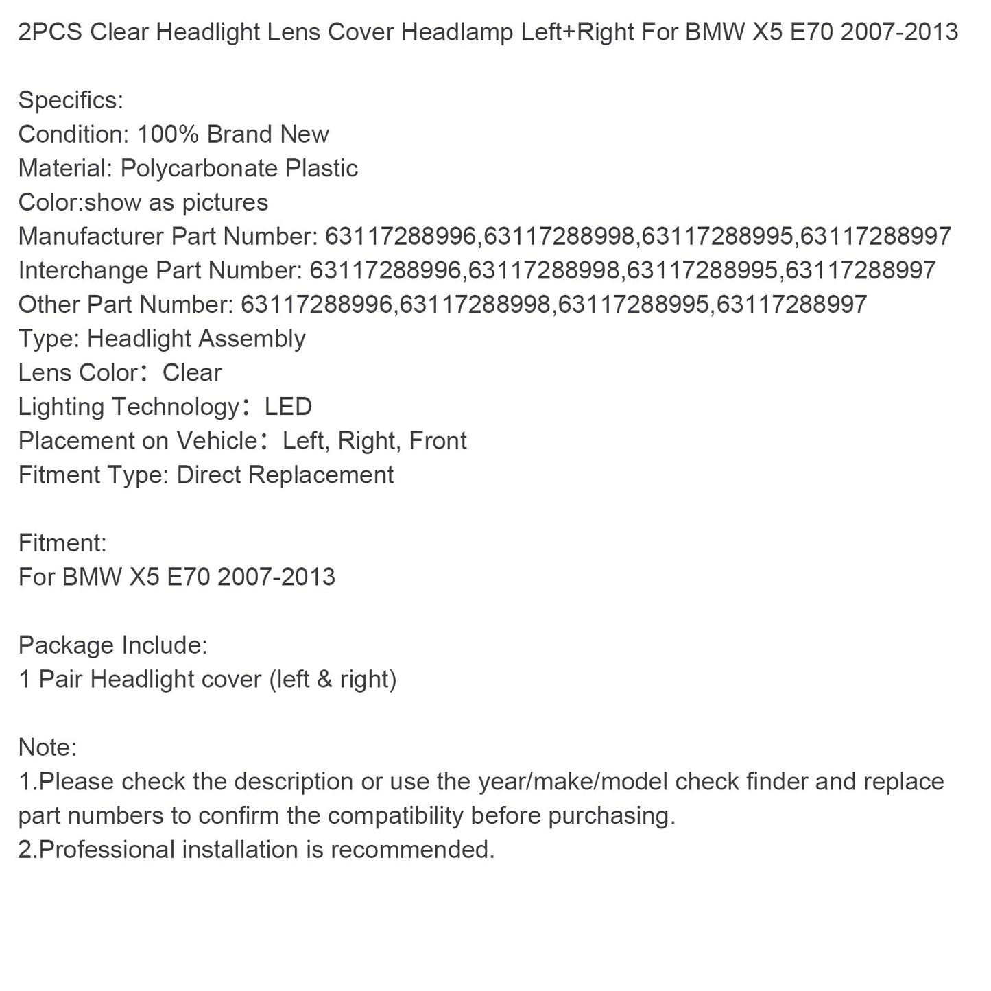 Coprilente trasparente per fari anteriori BMW X5 E70 2007-2013, sinistro e destro