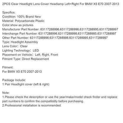 Coprilente trasparente per fari anteriori BMW X5 E70 2007-2013, sinistro e destro