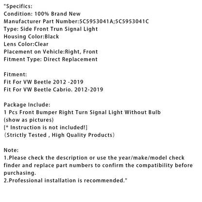 Volkswagen Maggiolino 2012-2019, 1 pezzo, luce di direzione destra per paraurti anteriore, 5C5953042A