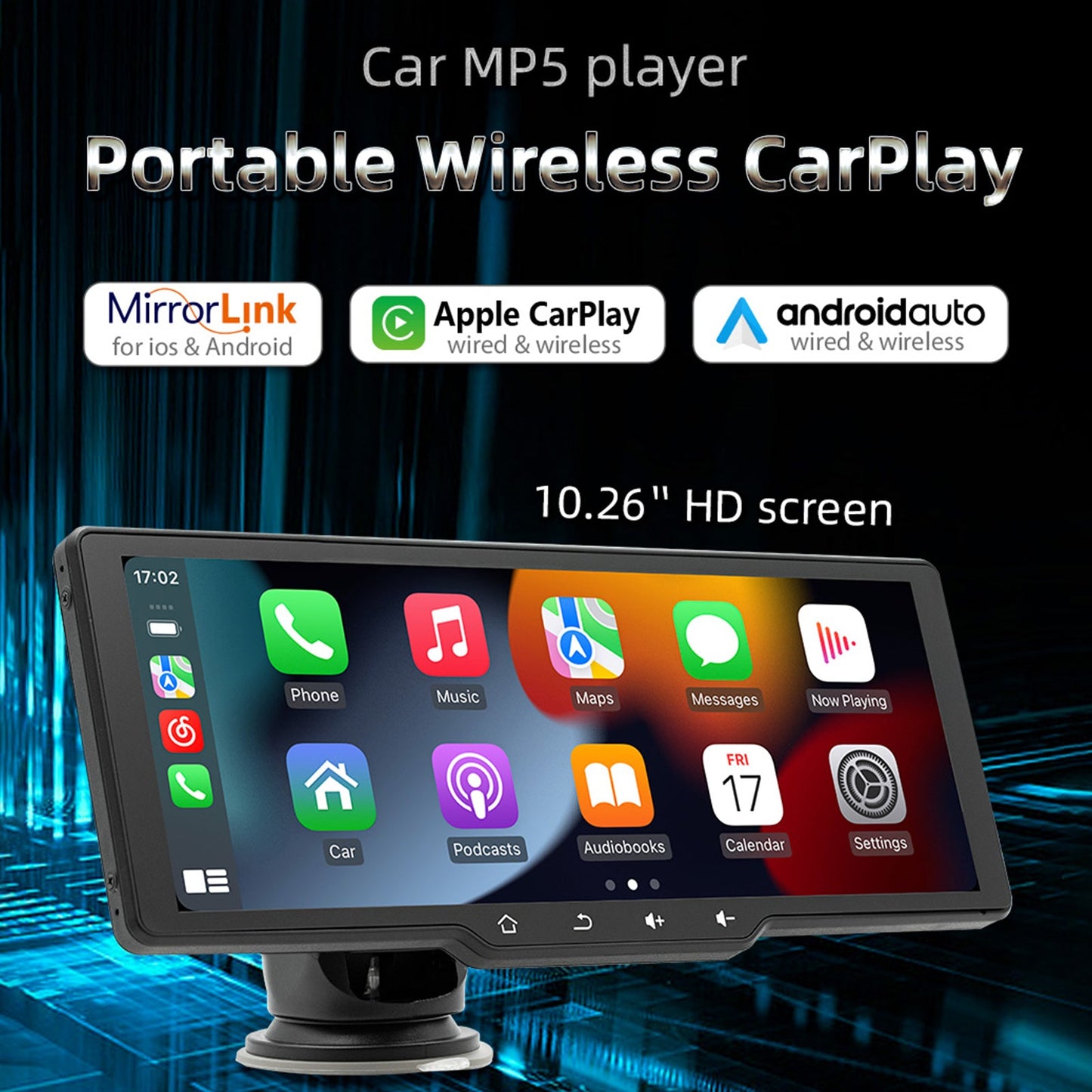 Schermo da 10,26" portatile wireless Carplay Bluetooth MP5 Player + 4 LED Camera