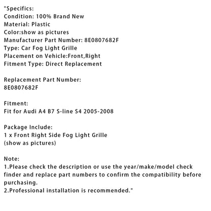 Griglia paraurti anteriore destro Audi A4 B7 S-Line S4 2005-2008, griglia fendinebbia