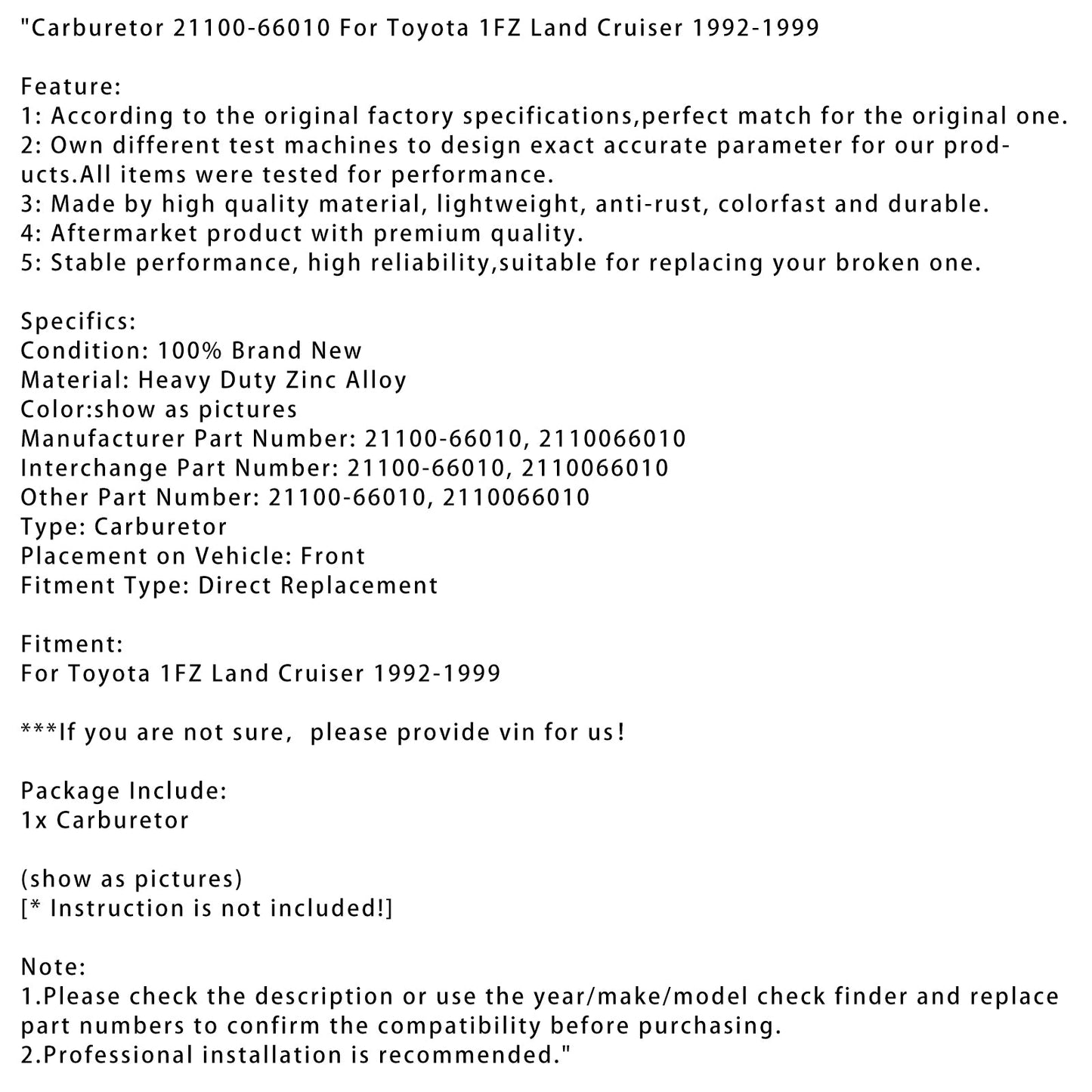 Carburatore Toyota Land Cruiser 1FZ 1992-1999 21100-66010