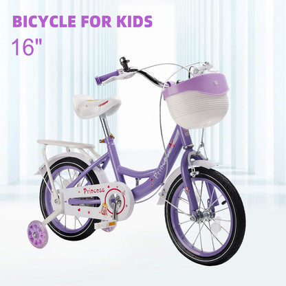 Bicicletta da principessa per bambini da 18" per ragazze, con ruote da allenamento rimovibili, rosa/viola