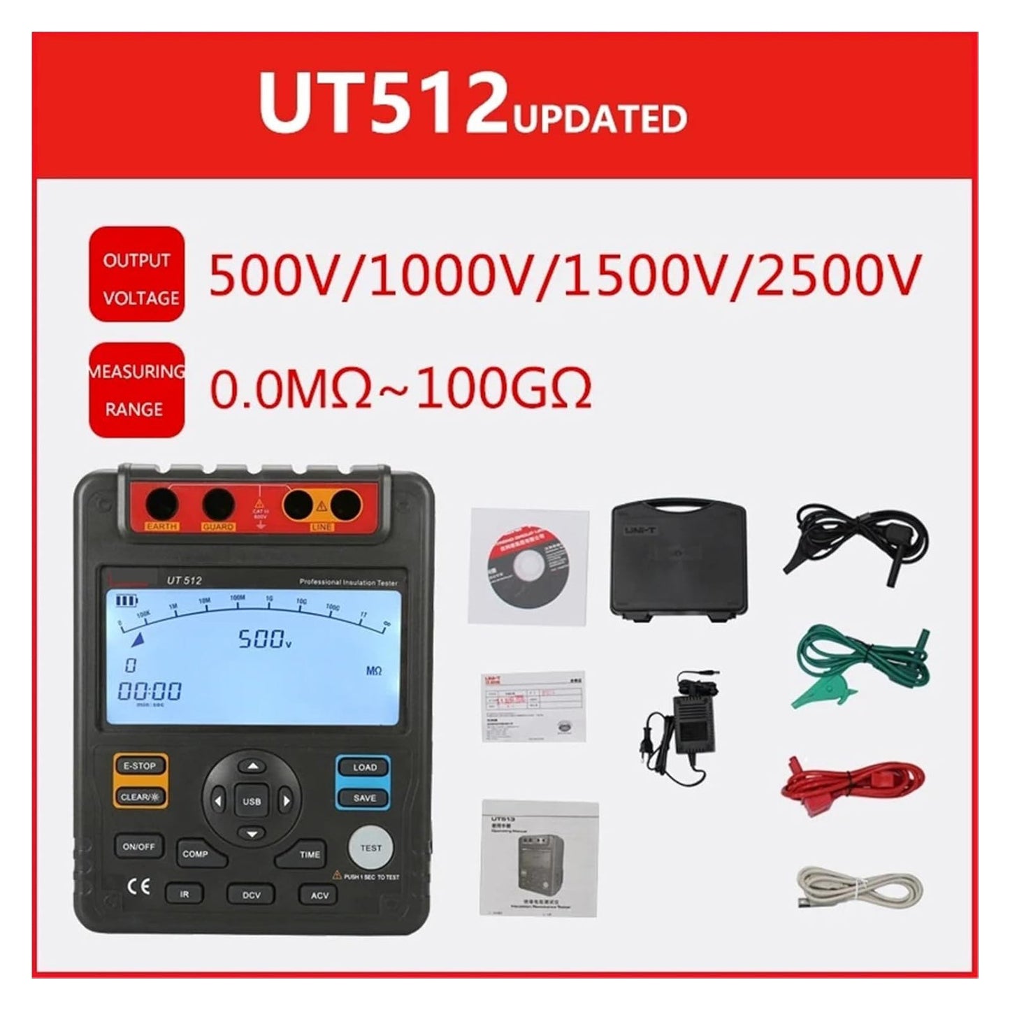 Tester di resistenza di isolamento UT512 Voltmetro con selezione automatica della portata 2500V 100GΩ