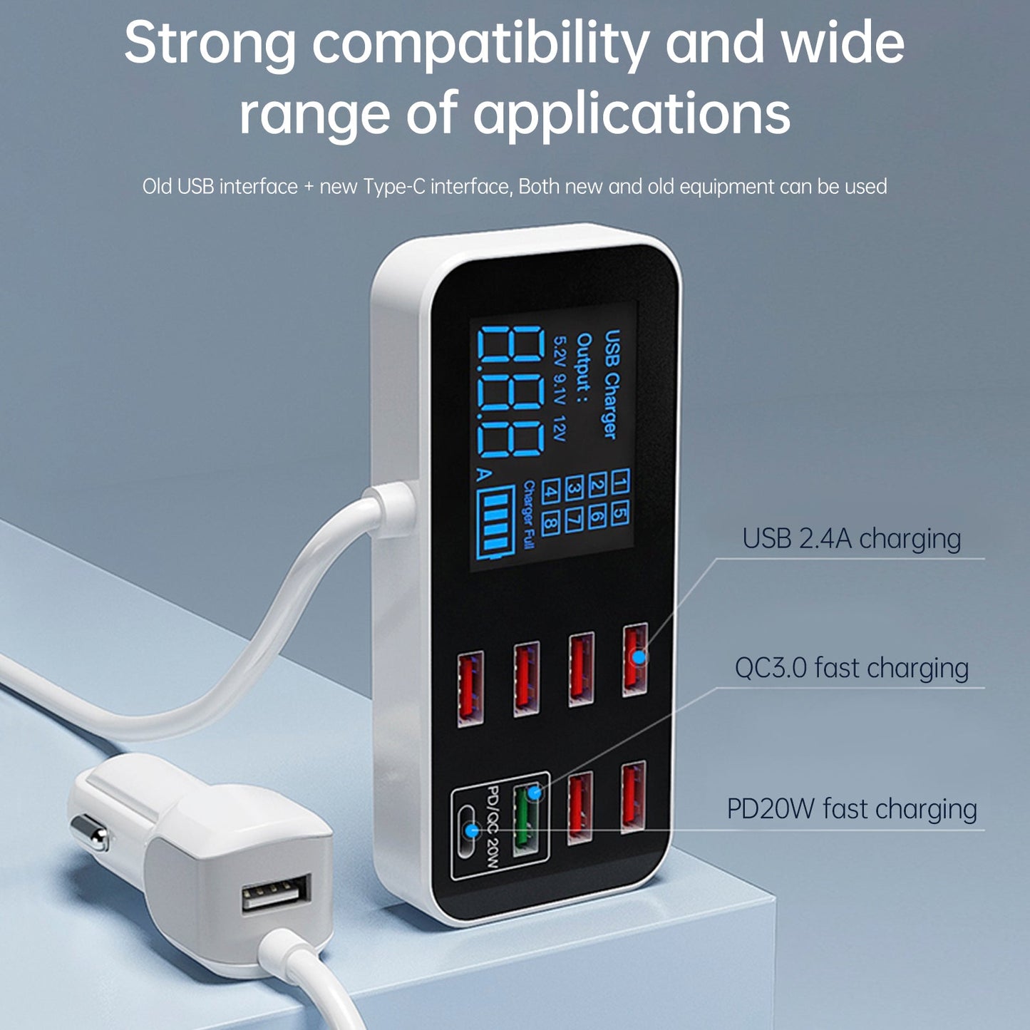 Caricabatterie USB PD5V1A QC3.0 con display, piccolo caricabatteria per auto a 8 porte, accendisigari