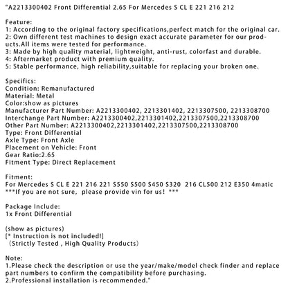 Mercedes S CL E 221 216 212 S550 S500 S450 S320 216 CL500 212 E350 4matic Differenziale anteriore 2.65 A2213300402