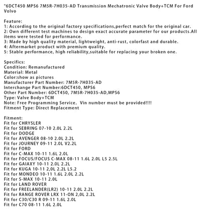 Corpo valvola meccatronico trasmissione FORD S-MAX 2.0L 2010-2011+TCM 6DCT450 MPS6 7M5R-7H035-AD