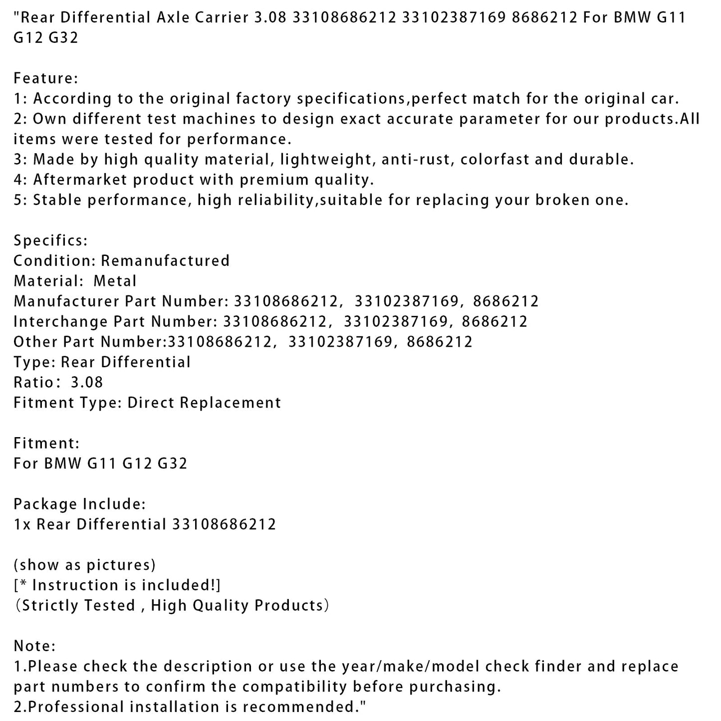 Supporto assale differenziale posteriore BMW G11 G12 G32 3.08 33108686212 33102387169