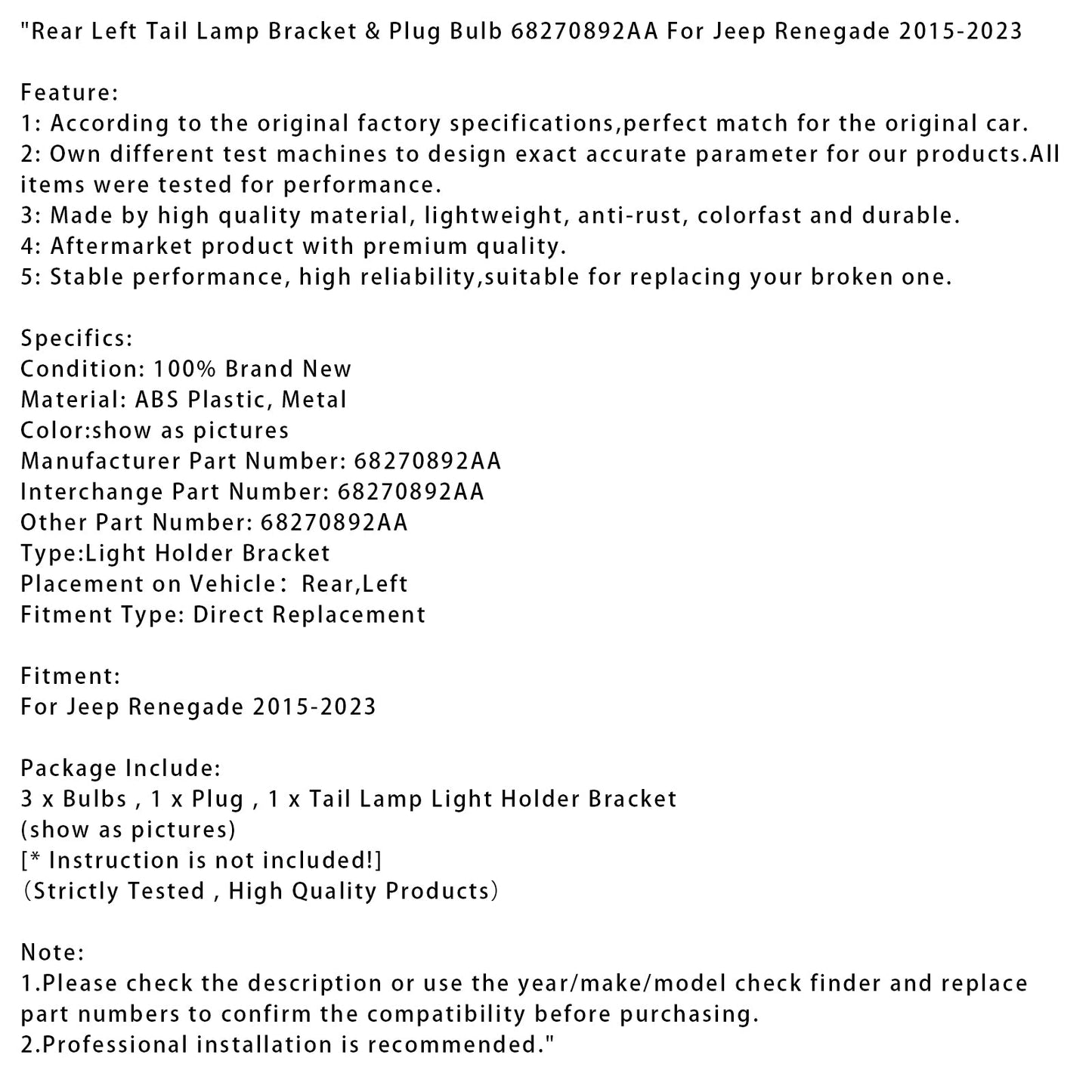 Supporto e lampadina per fanale posteriore sinistro Jeep Renegade 2015-2023 68270892AA