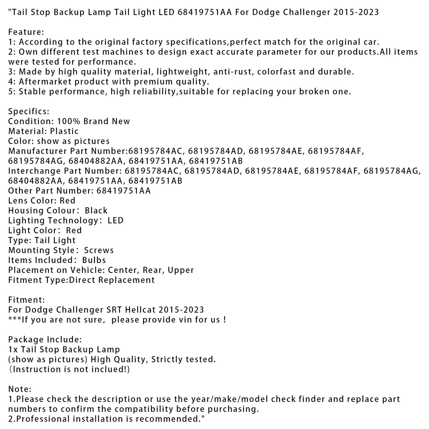 Luce di retromarcia posteriore a LED per Dodge Challenger SRT Hellcat 2015-2023 68195784AC