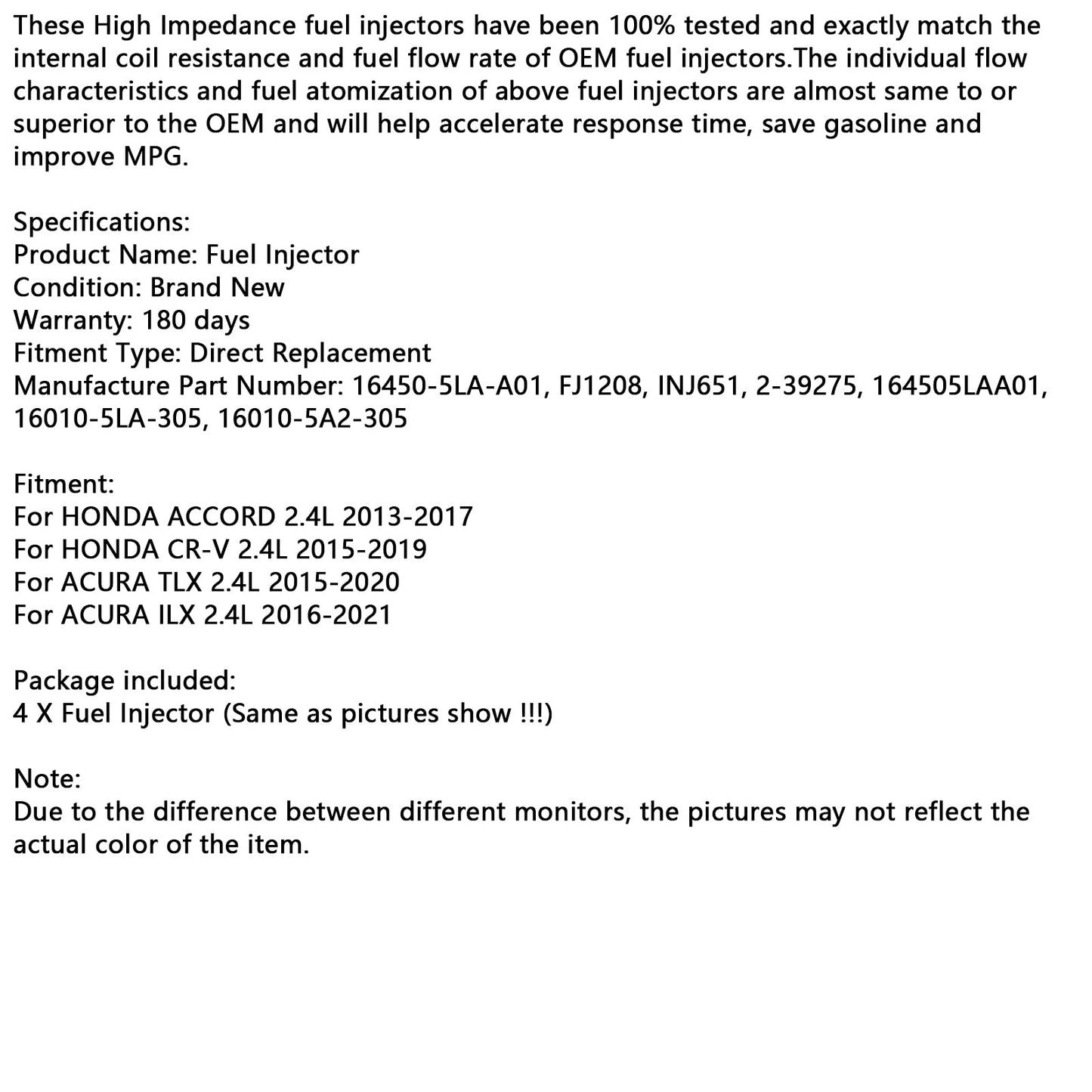 Iniettore di carburante 4 pezzi 16450-5LA-A01 adatto a CR-V TLX 2.4L 2015-2019 adatto ad Acura