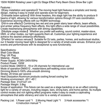 Luce laser rotante RGBW da 150 W per DJ, effetto palco, festa, discoteca, spettacolo, bar