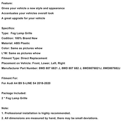 Griglia fendinebbia anteriore nera Audi A4 B9 S-LINE S4 2018-2020