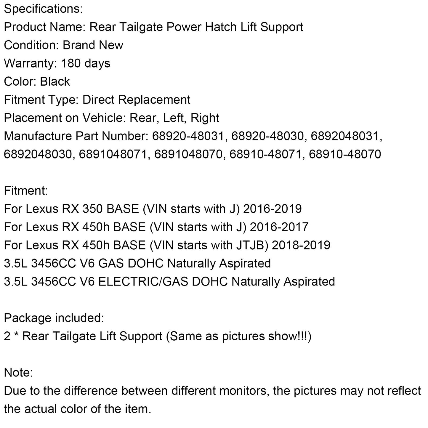 Lexus RX 450h BASE 2018-2019 (il VIN inizia con JTJB) 2 pezzi di montanti di supporto del portellone posteriore 6892048031 6891048071