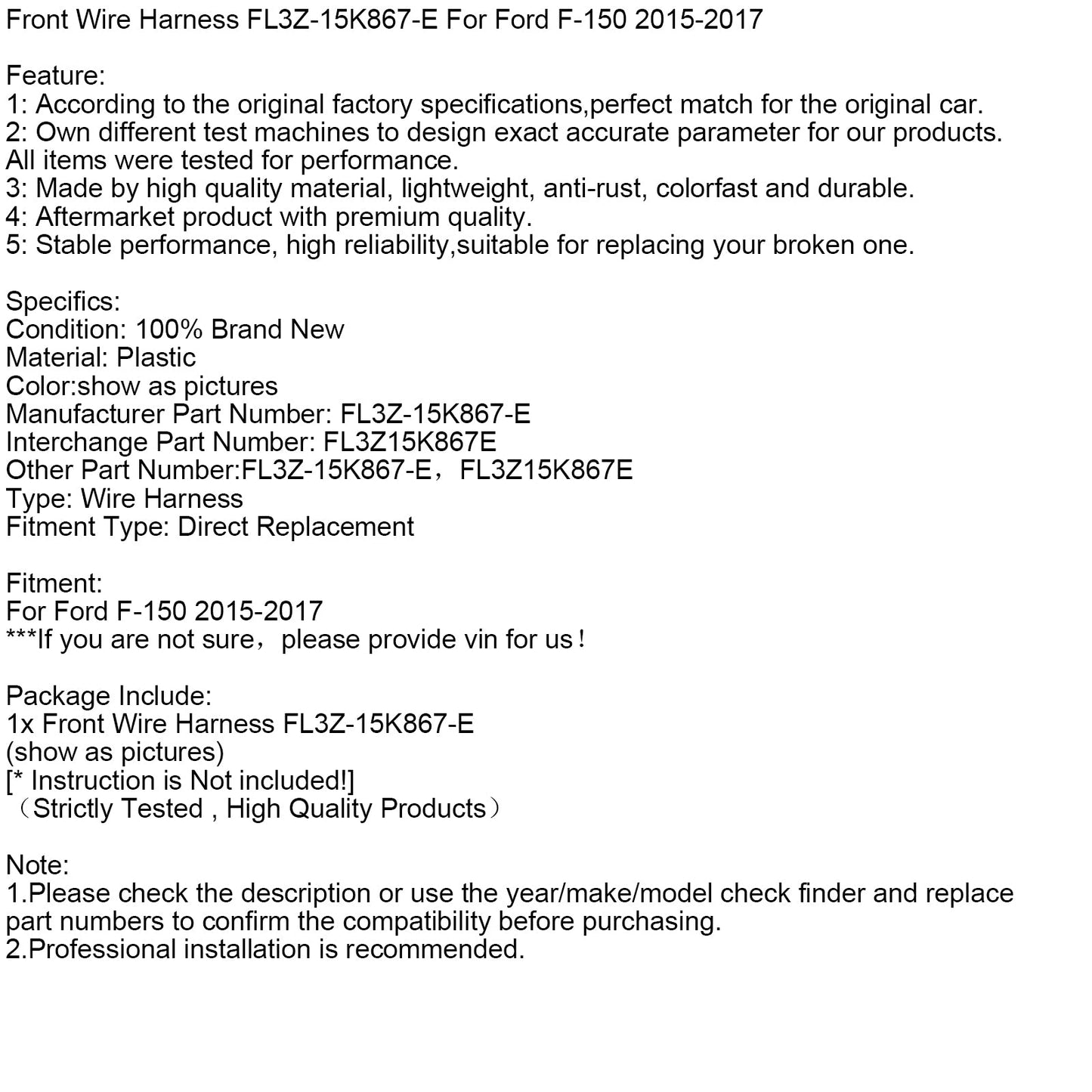 Cablaggio anteriore Ford F-150 2015-2017 FL3Z-15K867-E