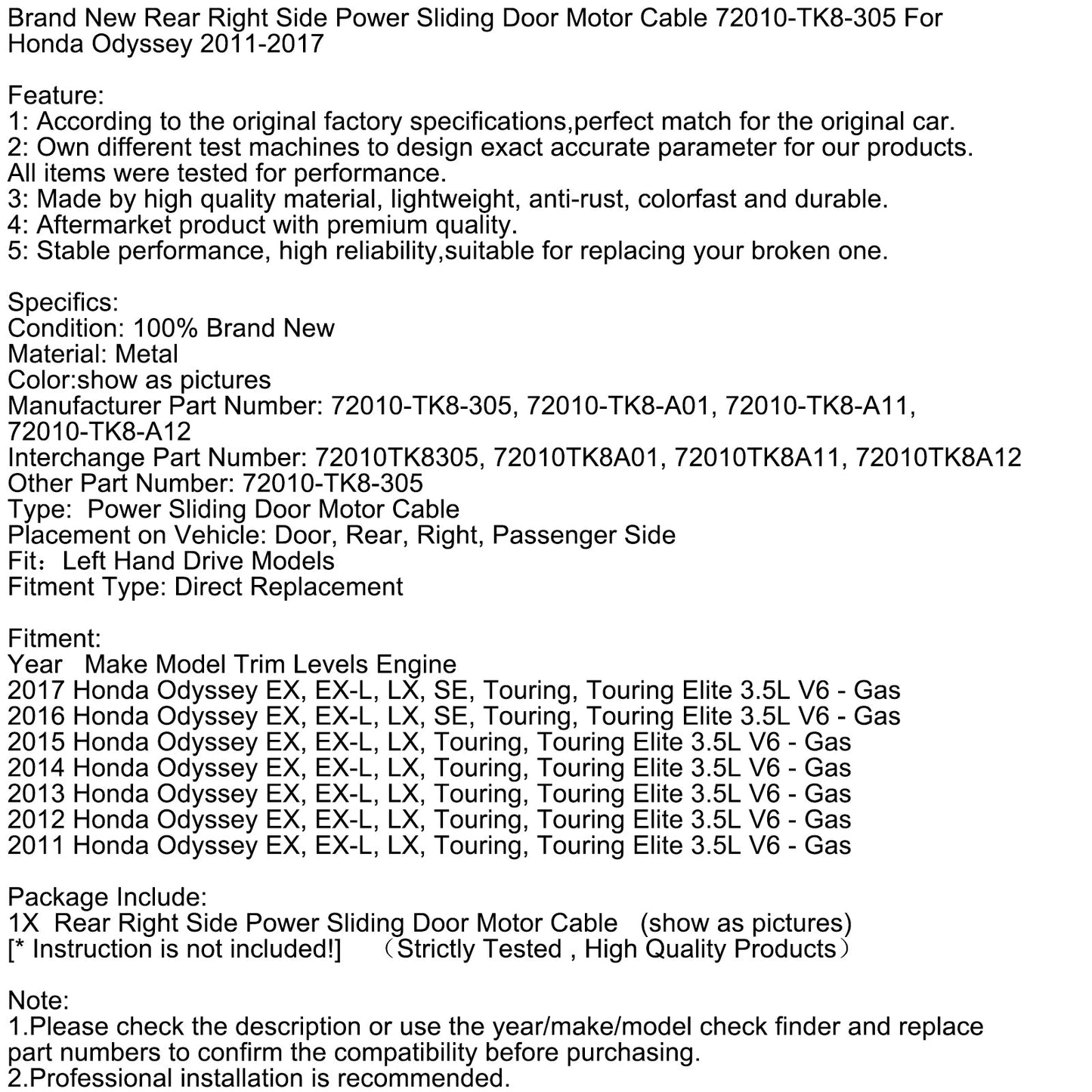 Cavo motore porta scorrevole elettrica lato posteriore destro 72010-TK8-305 per Honda Odyssey