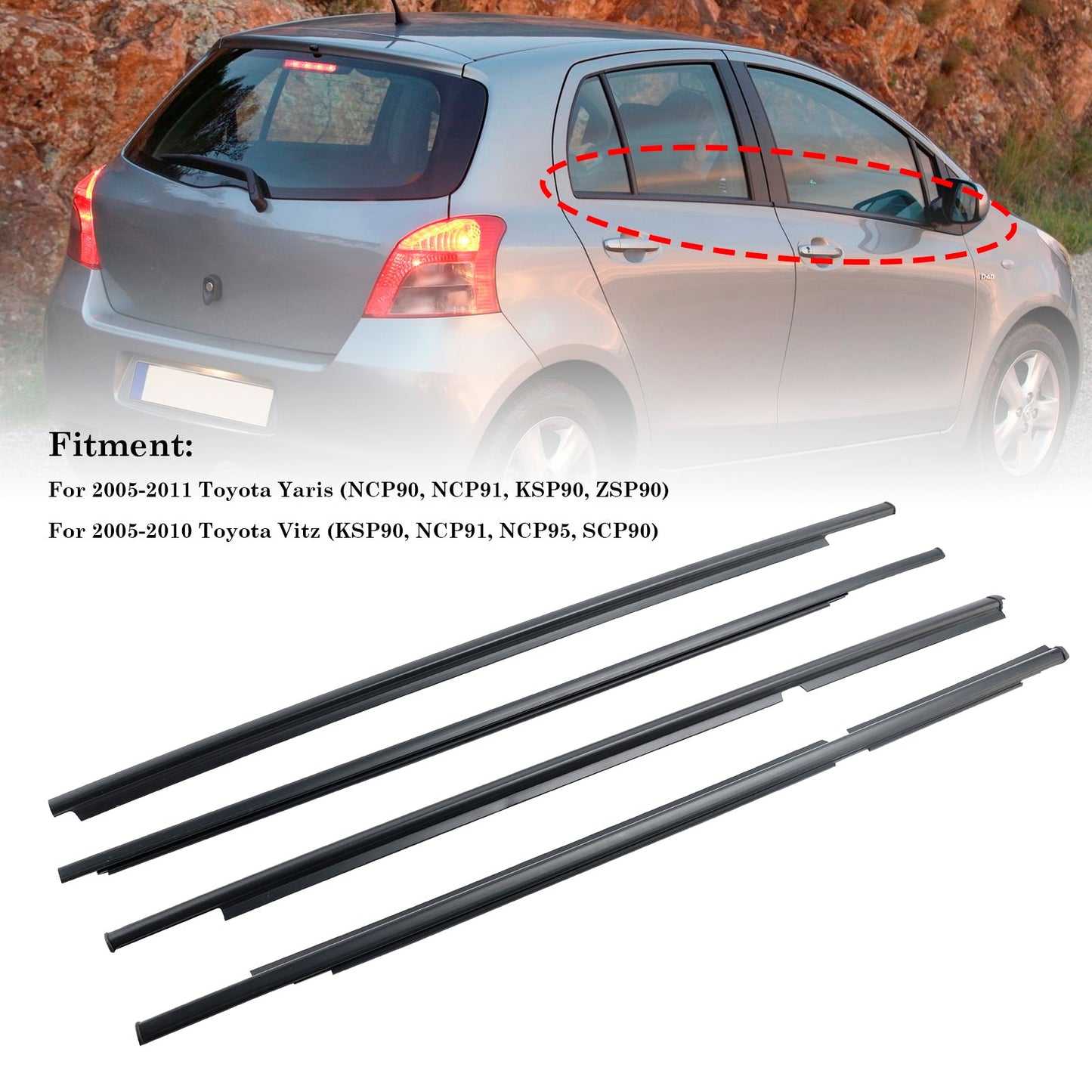 Modanatura guarnizione in vetro per porta esterna 4 pezzi per Toyota Yaris Vitz 2005-2010