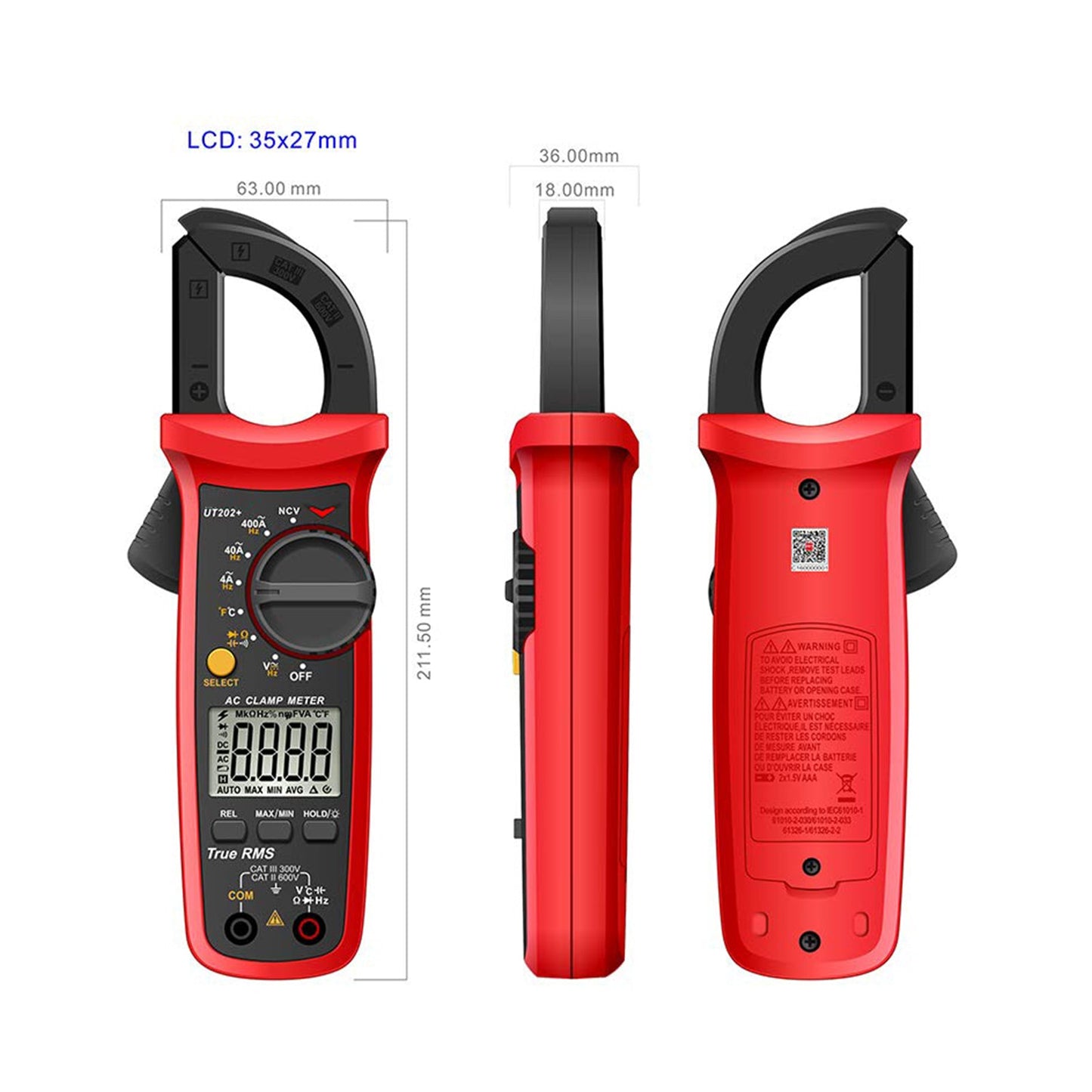 Multimetro portatile UT202+ con selezione automatica della portata, misuratore True RMS a pinza e display LCD.