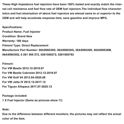 1 pz. Iniettore di carburante 0261500792 per VW Beetle Golf Jetta Tiguan 2.0L 06A906036Q