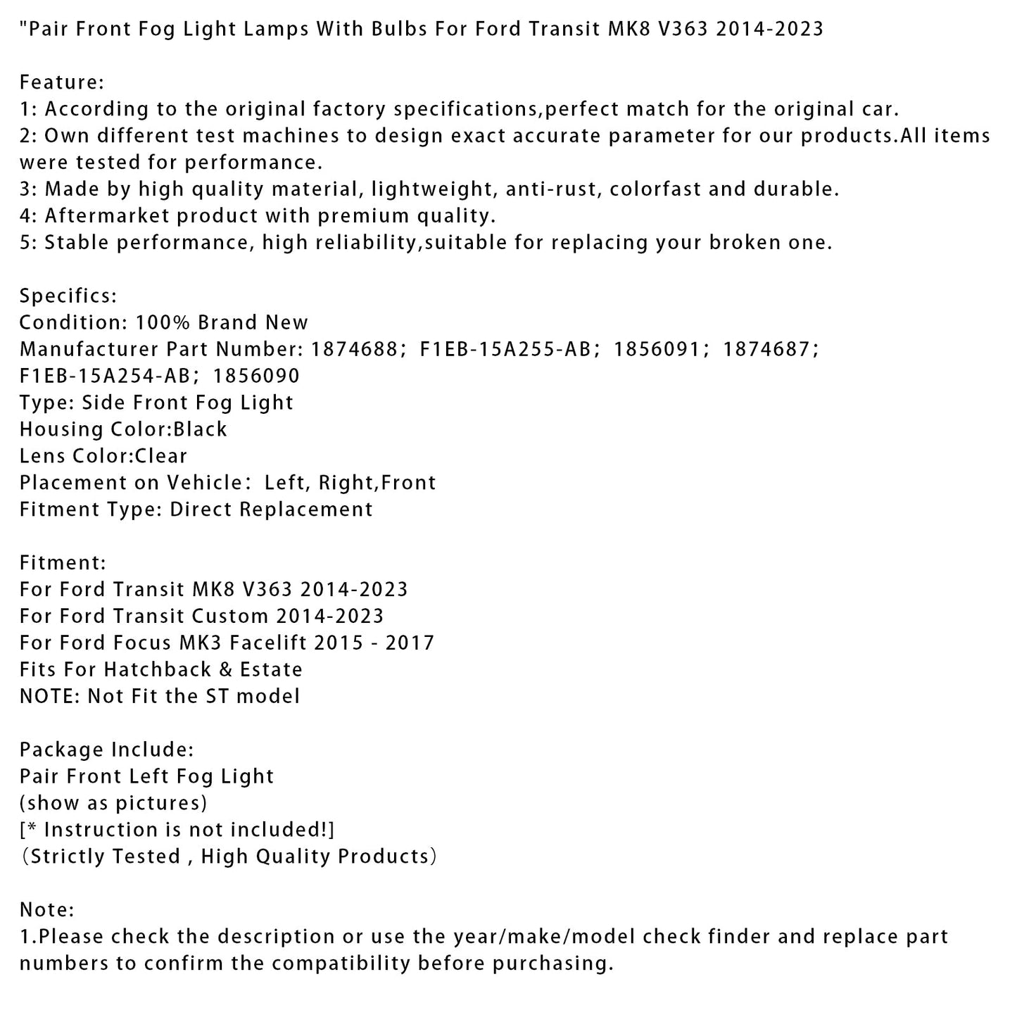 Coppia di fari fendinebbia anteriori con lampadine per Ford Transit Custom 2014-2023