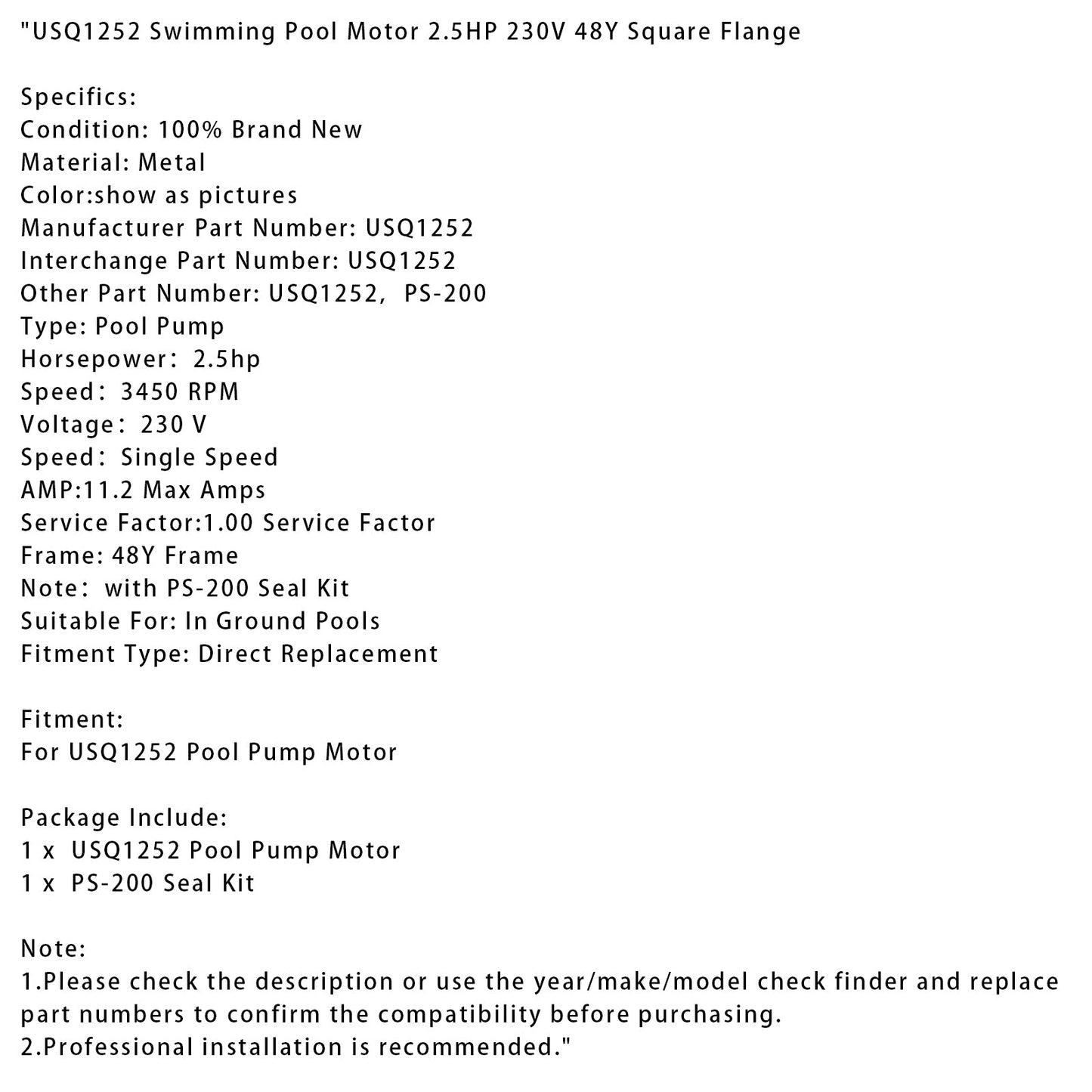 Motore per piscina USQ1252 2,5 CV 230 V flangia quadrata 48Y con kit di guarnizioni PS-200