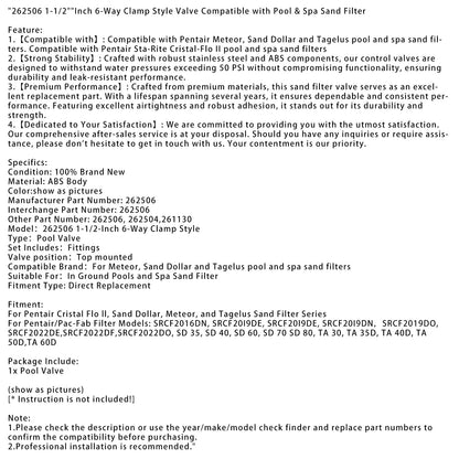 262506 Valvola a morsetto a 6 vie da 1-1/2" pollici compatibile con filtro a sabbia per piscina e spa