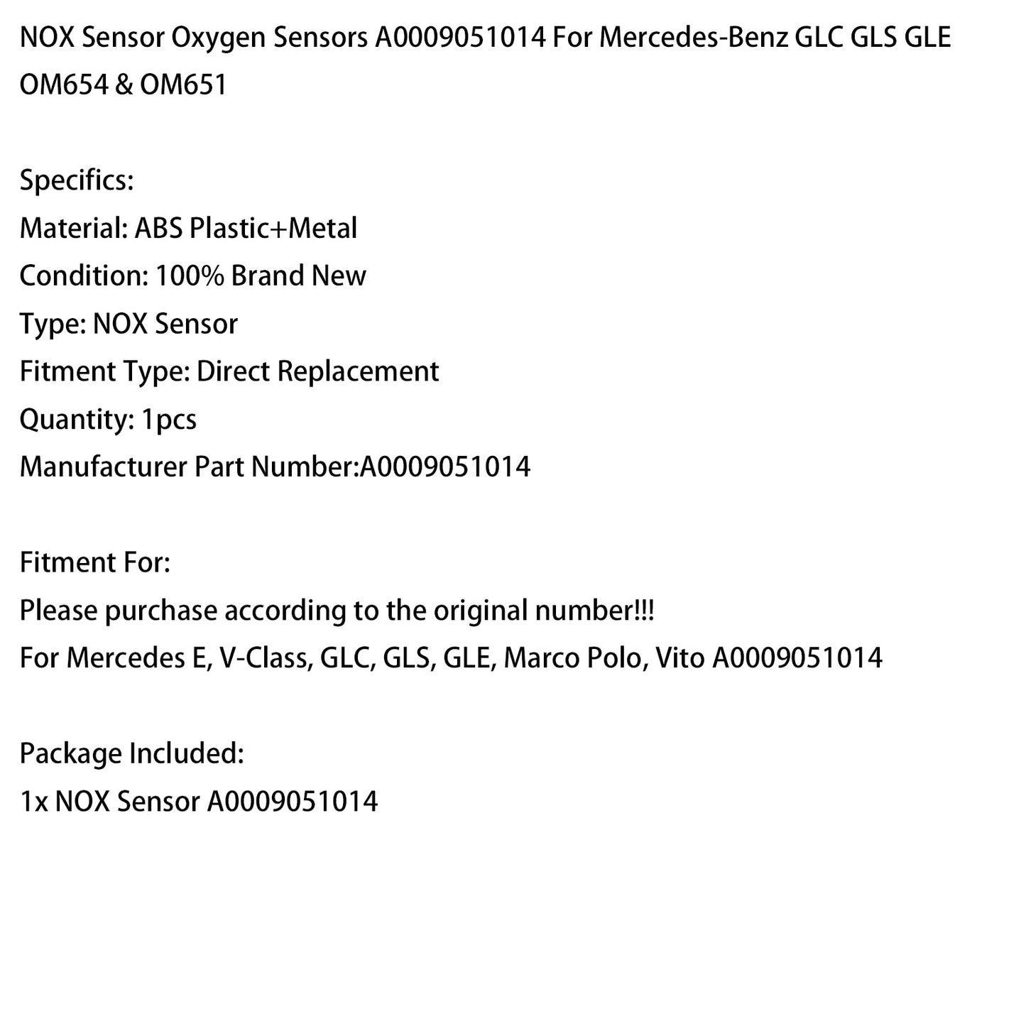 Sensore NOX Mercedes-Benz GLC GLS GLE OM654 e OM651 A0009051014