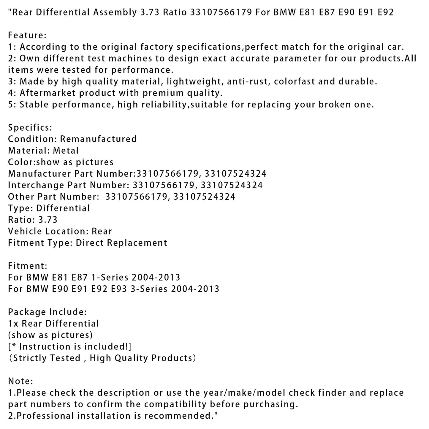 Gruppo differenziale posteriore rapporto 3,73 33107566179 adatto per BMW E81 E87 E90 E91 E92