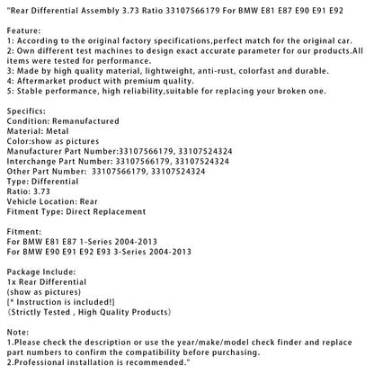 Gruppo differenziale posteriore rapporto 3,73 33107566179 adatto per BMW E81 E87 E90 E91 E92
