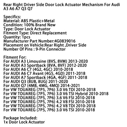 Attuatore serratura portiera posteriore destra lato guida 4G0839016 per Audi A3 A6 A7 Q3 Q7