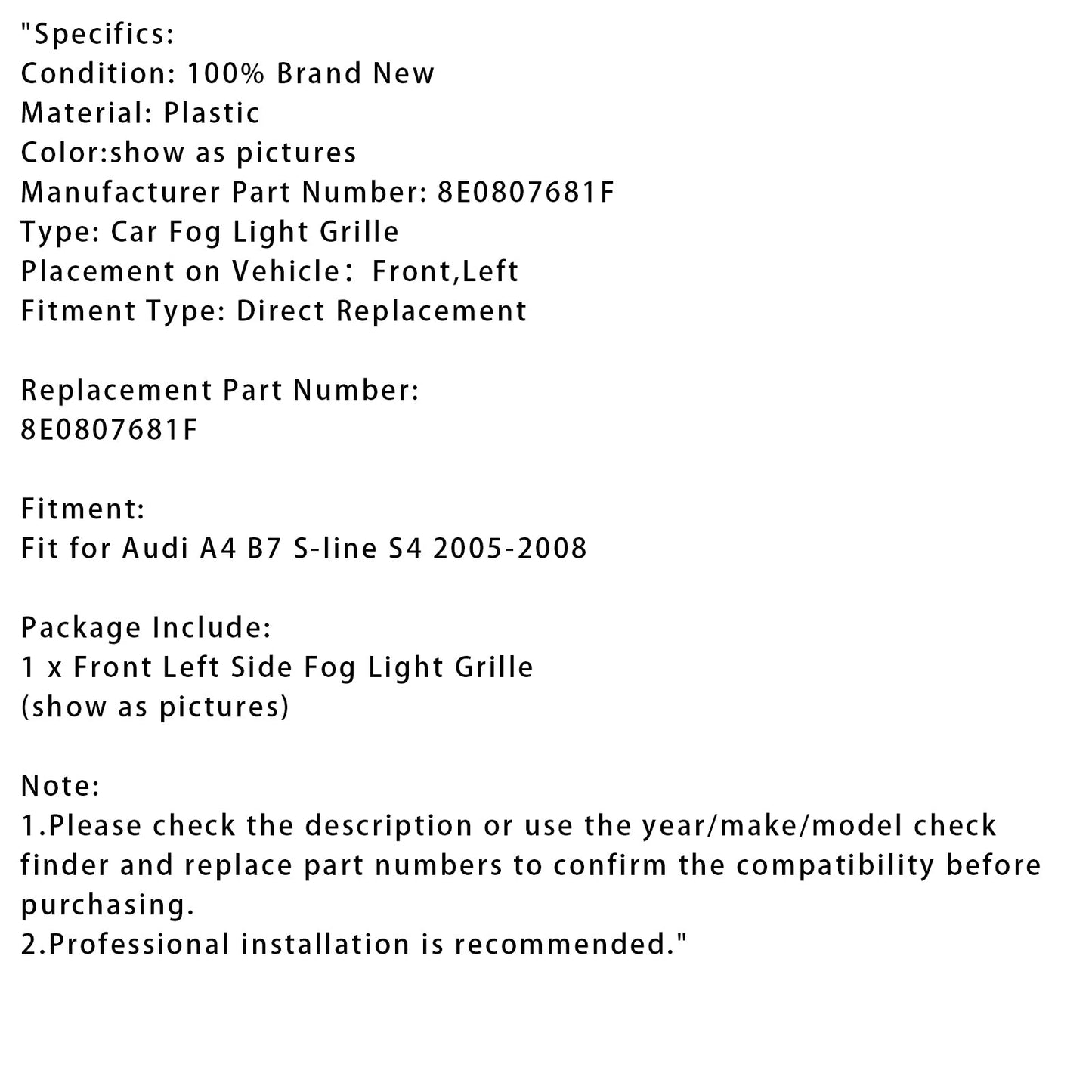 Griglia paraurti anteriore sinistro Audi A4 B7 S-Line S4 2005-2008, griglia fendinebbia