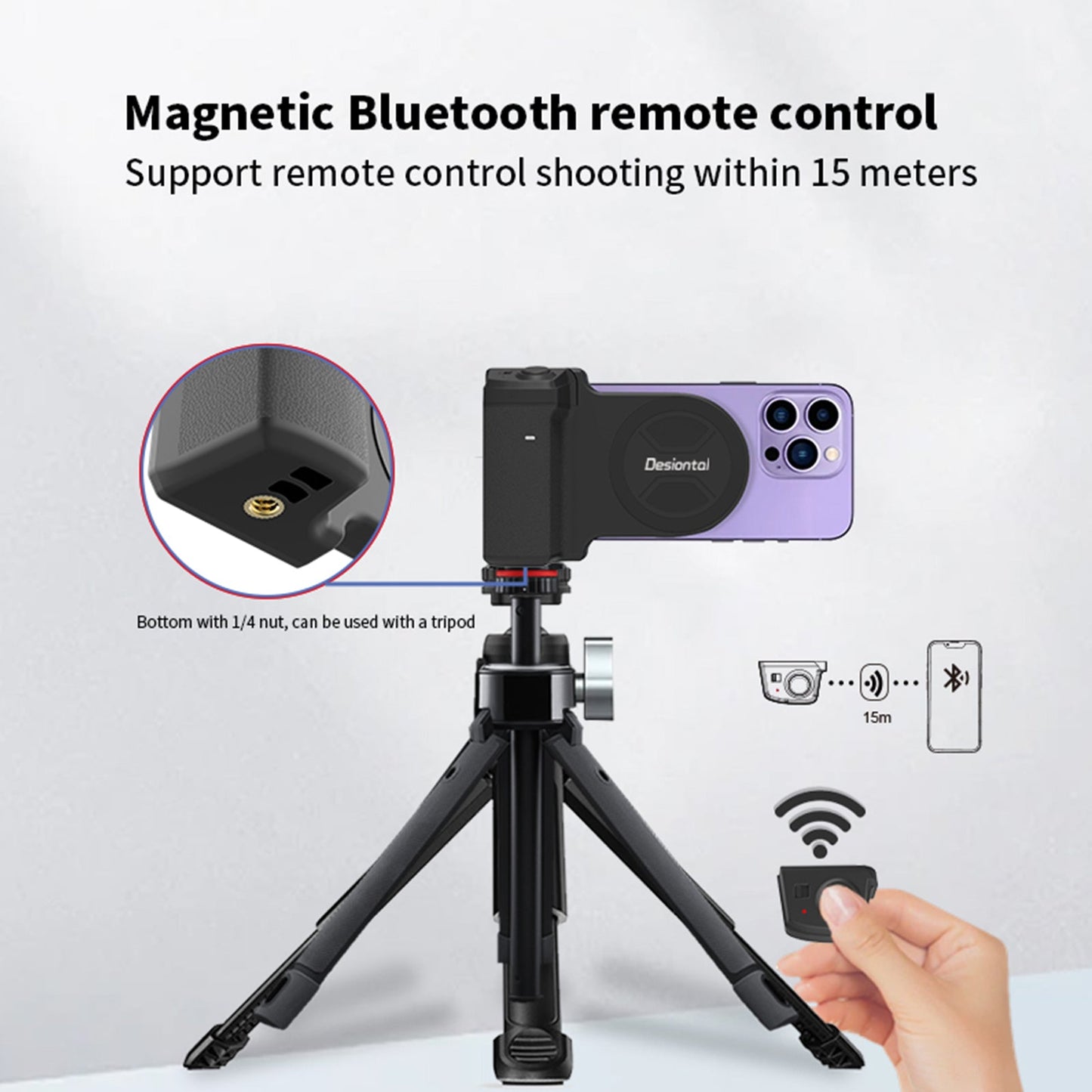PH-30b Clip per selfie magnetica per telefono cellulare con ventosa magnetica, maniglia per scatto wireless