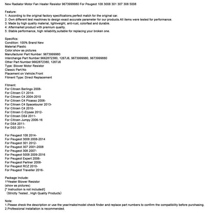 Nuovo resistore del riscaldatore della ventola del motore del radiatore 9673999980 per Peugeot 108 3008