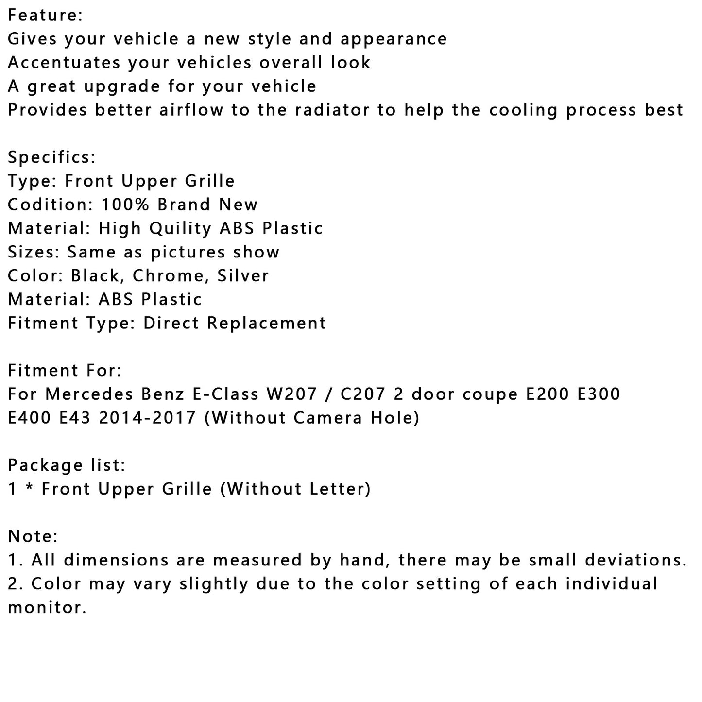 Griglia paraurti anteriore Mercedes Benz CLASSE E W207 Coupe 2014-2017