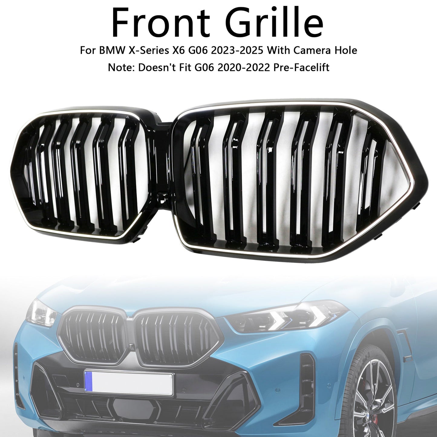 2023-2025 BMW X6 G06 M60i con foro per telecamera, griglia paraurti anteriore a doppia stecca