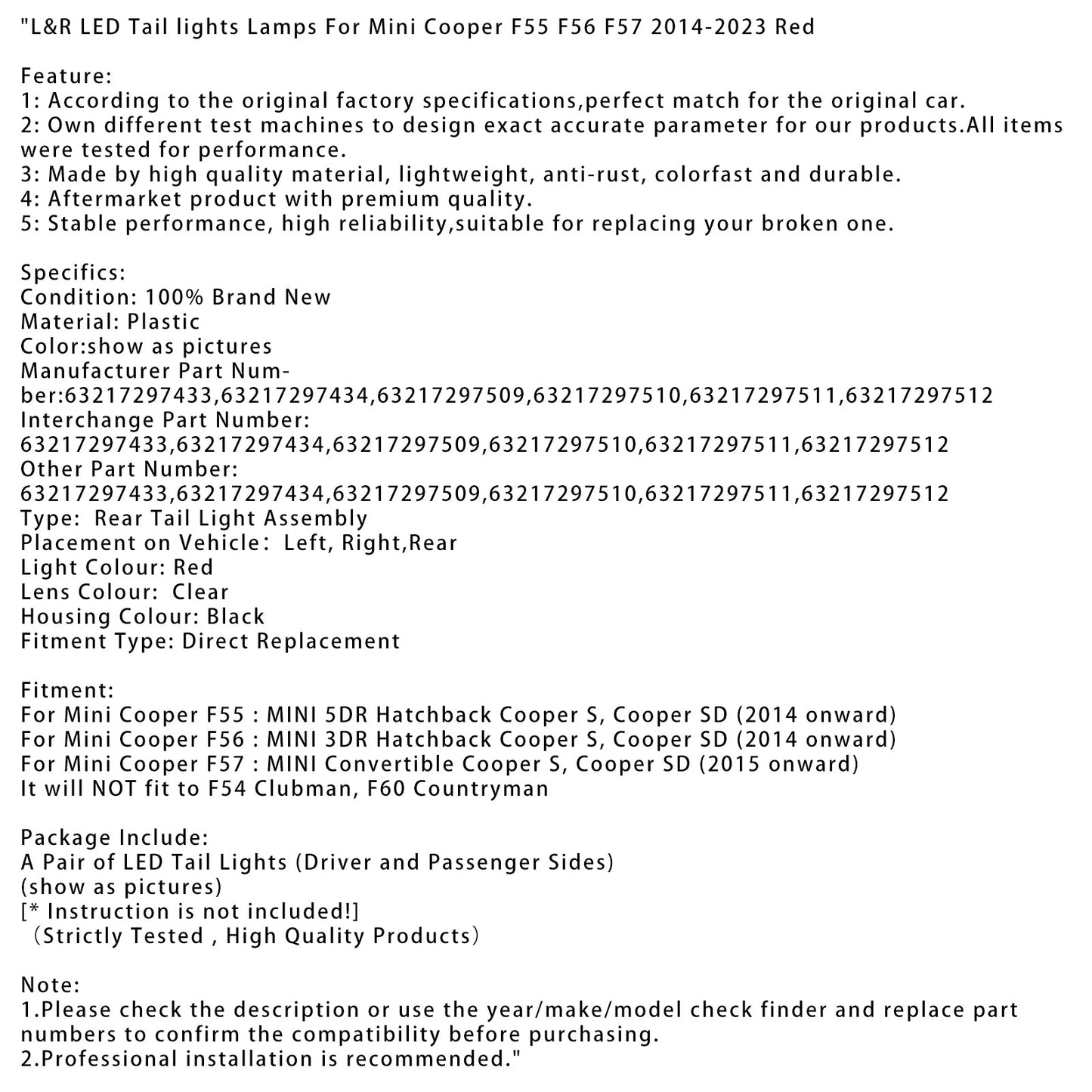 Fanali posteriori a LED L&amp;R per Mini Cooper F55 F56 F57 2014-2023 rossi