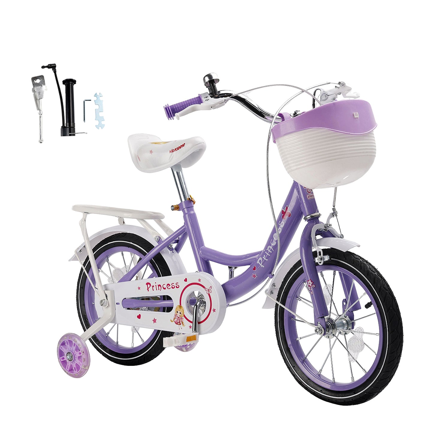 Bicicletta da principessa per bambini da 18" per ragazze, con ruote da allenamento rimovibili, rosa/viola
