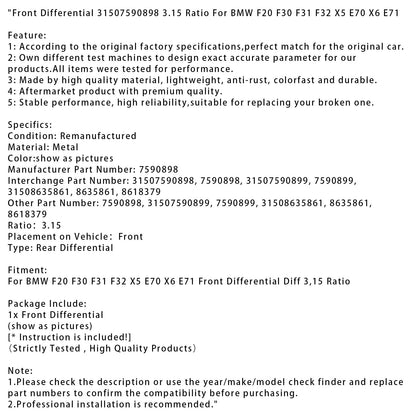 Differenziale anteriore BMW F20 F30 F31 F32 X5 E70 X6 E71 31507590898 Rapporto 3,15 7590898 31507590898