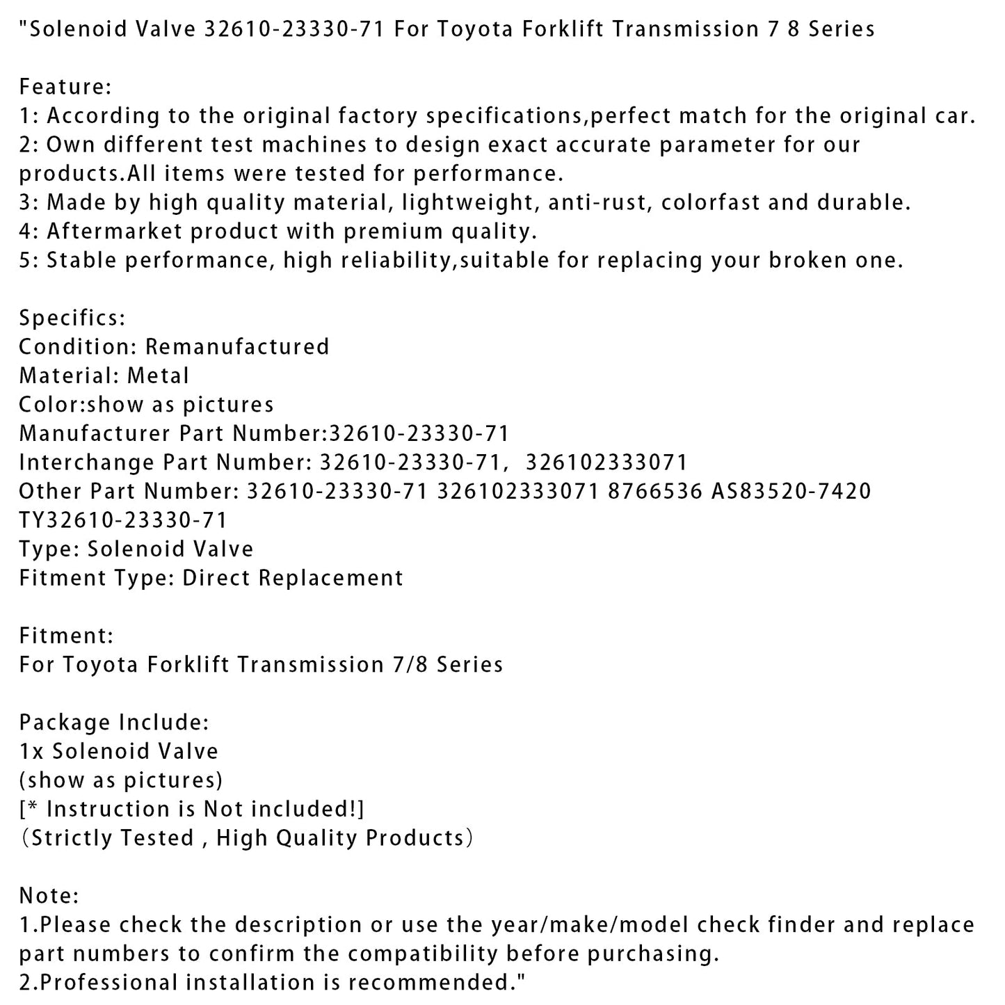 Elettrovalvola 32610-23330-71 per trasmissione carrello elevatore Toyota serie 7 8