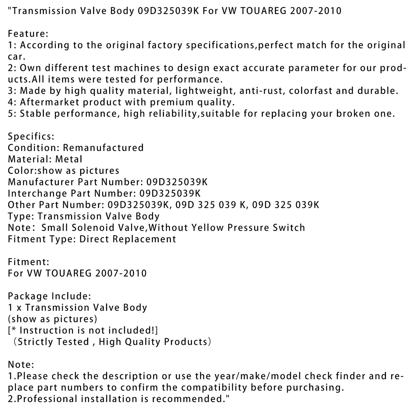 Corpo valvola trasmissione VW TOUAREG 2007-2010 09D325039K