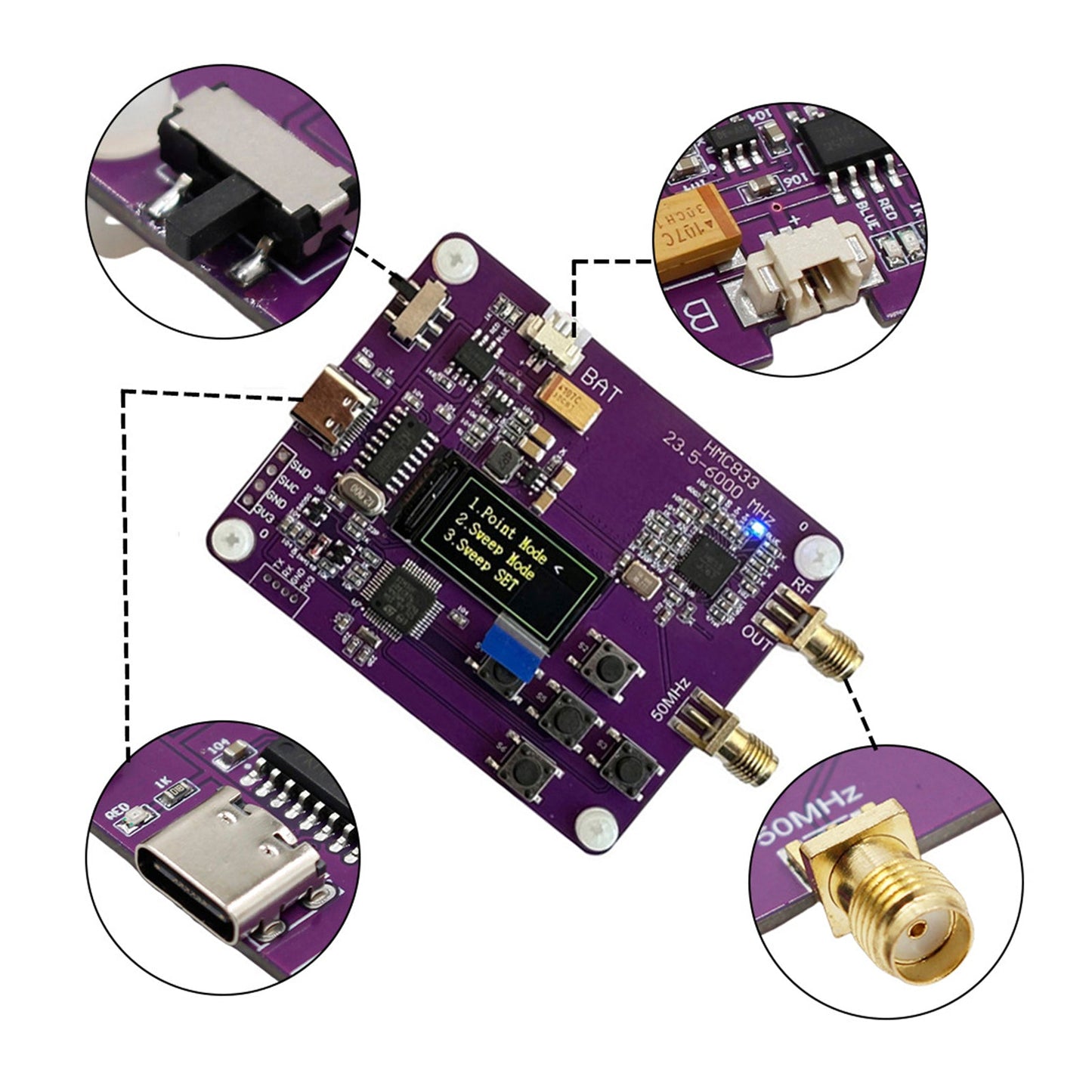 Generatore di segnale RF da 6 GHz, versione tastiera 23,5-6000 MHz, display OLED HMC833