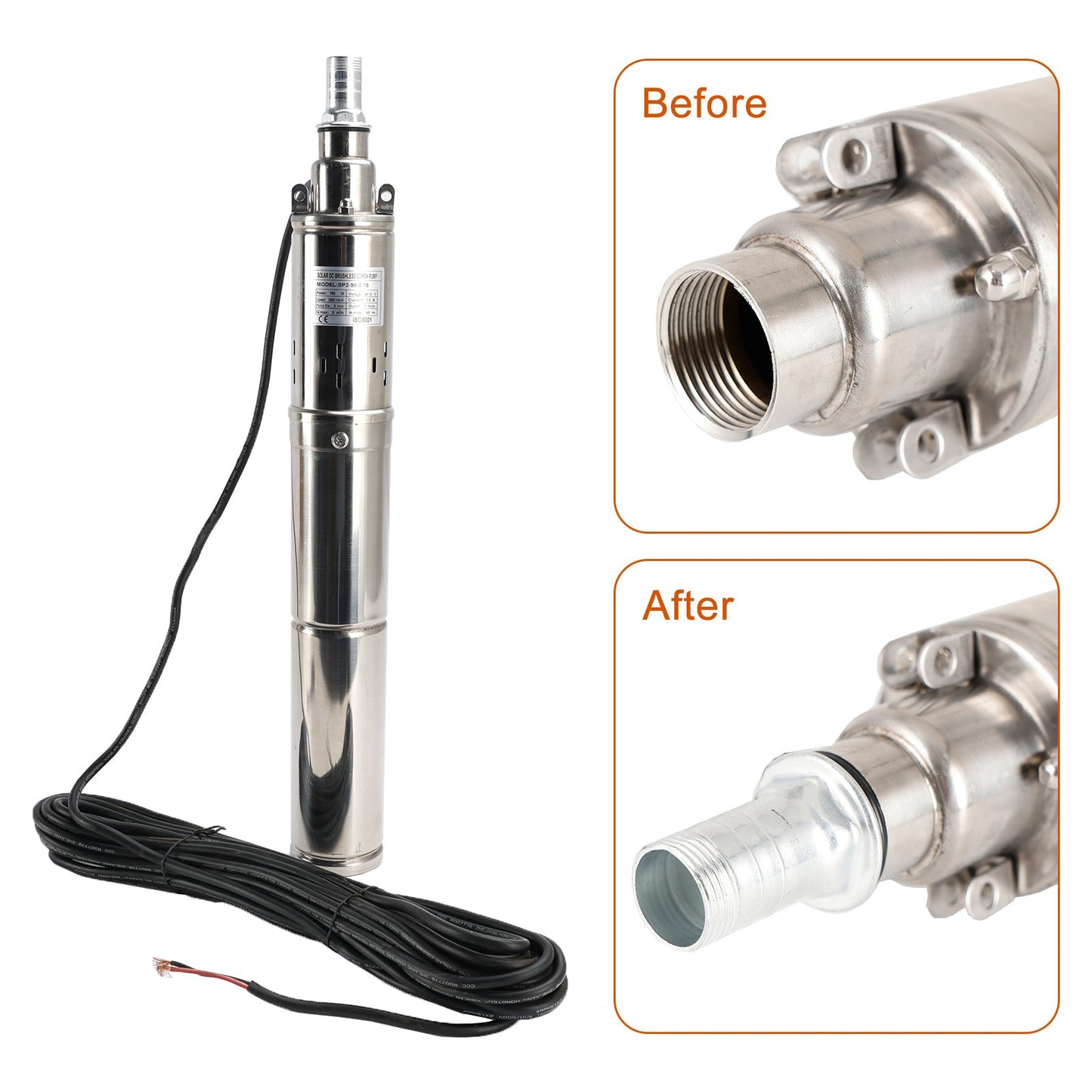 Pompa ad acqua sommergibile solare del foro del pozzo profondo di 3" 48V 750W MPPT incorporato
