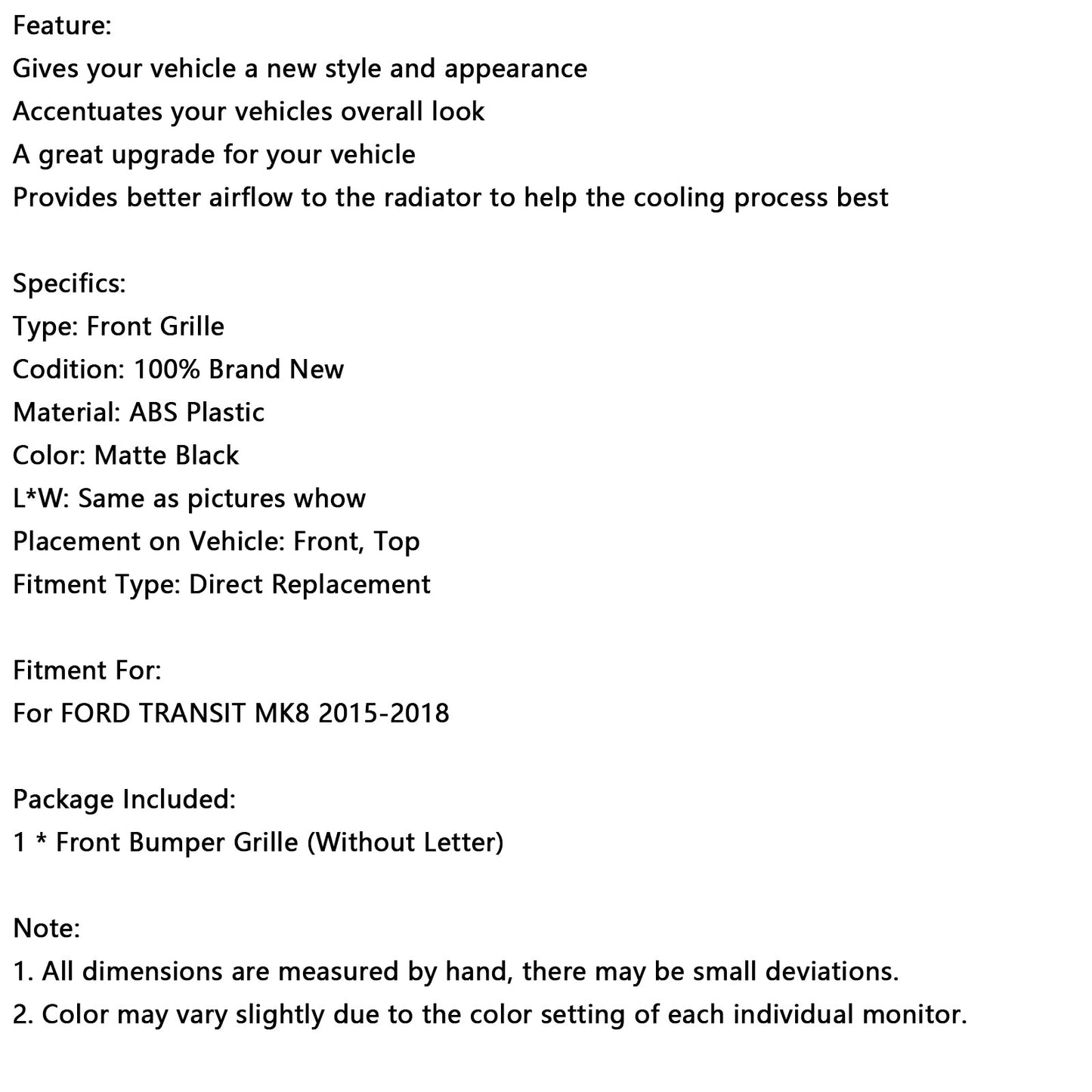 2015-2018 Per Ford Transit MK8 Raptor Griglia paraurti anteriore nera opaca